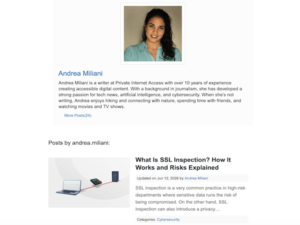 Author section featuring Andrea Miliani's profile at PIA and showing the latest article published