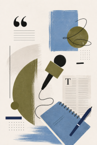Illustration featuring elements related to journalism such as a microphone, a journal and a pen, and a newspaper in the background. Abstract concept